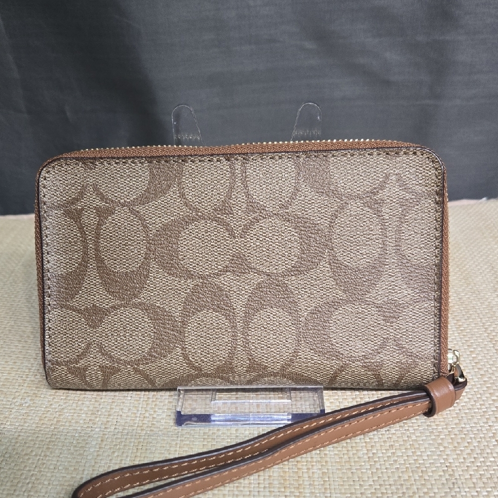 Coach Tan/Brown Signature Zip Wallet Wristlet - Picture 2 of 16